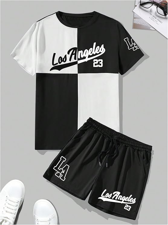 Men's 2 Piece Outfits Number Graphic Short Sleeve Shirts & Drawstring Waist Track Shorts Tracksuits Set