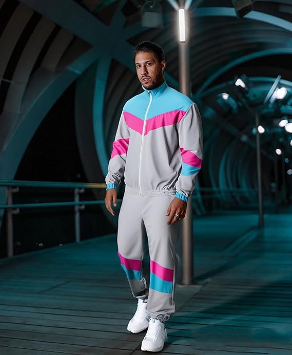 UOUA 80s Outfit Men 90s Tracksuit Costumes Halloween 70s Windbreaker Jacket Track Suit 2 Piece Hip Hop Set