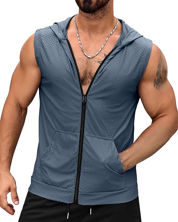 Aiyino Men's Workout Hooded Tank Tops Zip Up Sleeveless Gym Shirts Muscle Cut Off T Shirt Bodybuilding Hoodies
