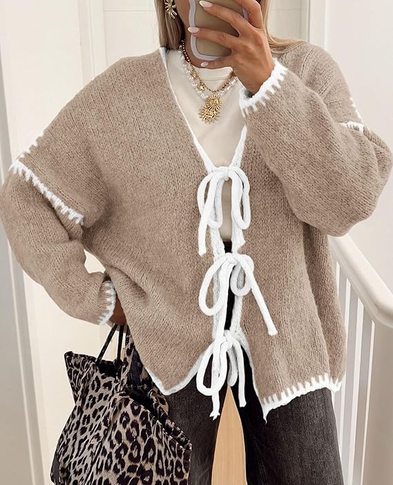 PRETTYGARDEN Women's Tie Front Bow Cardigan Sweaters Chunky Knit Long Puff Sleeve Trendy Fall Winter Jacket Coats