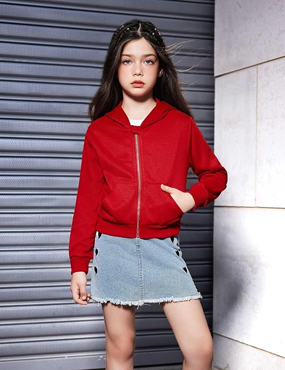 Arshiner Girls Zip Up Cropped Hoodies Teen Casual Long Sleeve Full-Zip Sweatshirts Jackets with Pockets