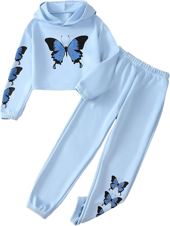 Girls' Clothing Set Butterfly Print Crop Top Hoodies Sweatpants 2 Piece Outfits Kids Sweatsuit Tracksuit Jogger Set