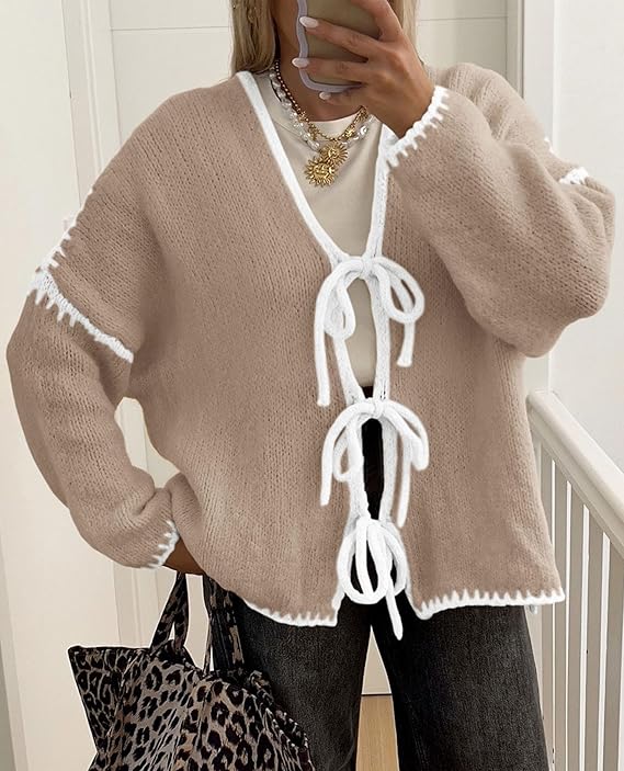 PRETTYGARDEN Women's Tie Front Bow Cardigan Sweaters Chunky Knit Long Puff Sleeve Trendy Fall Winter Jacket Coats