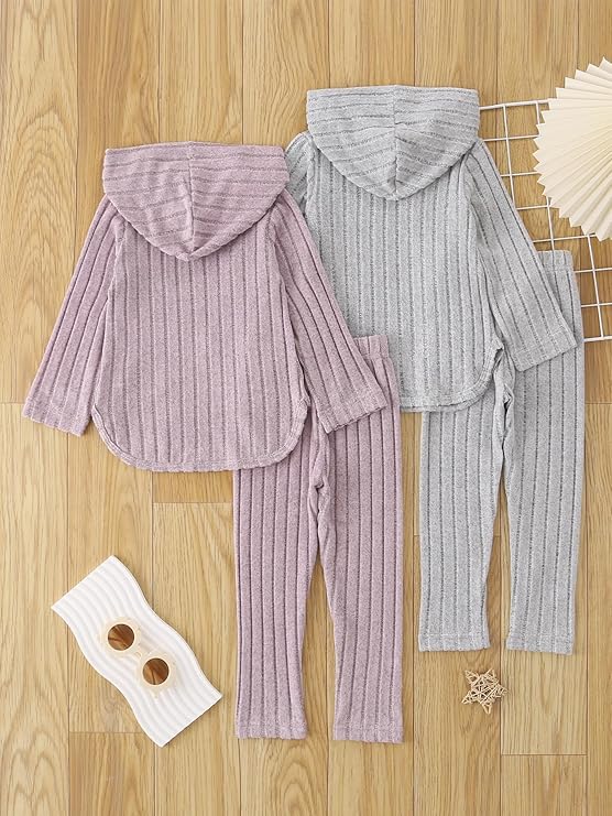 Girls Fall Clothes Set Ribbed Knit Hooded Pullover Sweatshirt and Active Sweatpants Size 3-12 Years