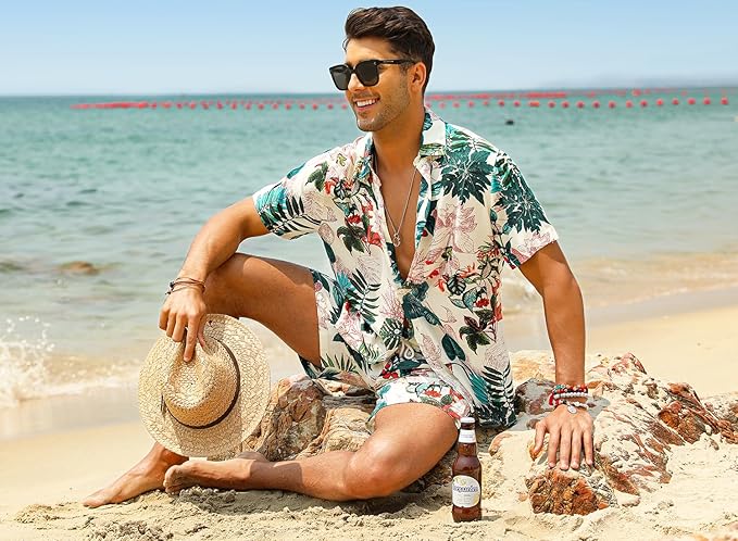 EISHOPEER Men's Flower Hawaiian Sets Casual Short Sleeve Shirt and Shorts Suits Outfits with Bucket Hats