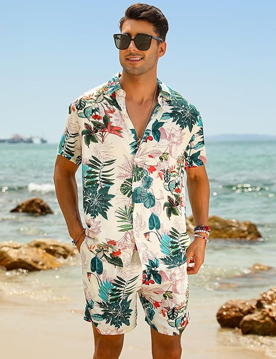 EISHOPEER Men's Flower Hawaiian Sets Casual Short Sleeve Shirt and Shorts Suits Outfits with Bucket Hats