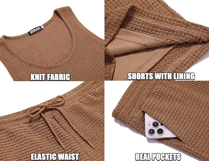 Mens Waffle Shorts Sets 2 Piece Outfits Sleeveless Summer Beach Tank Tops and Shorts Casual Loungewear Sets Suits