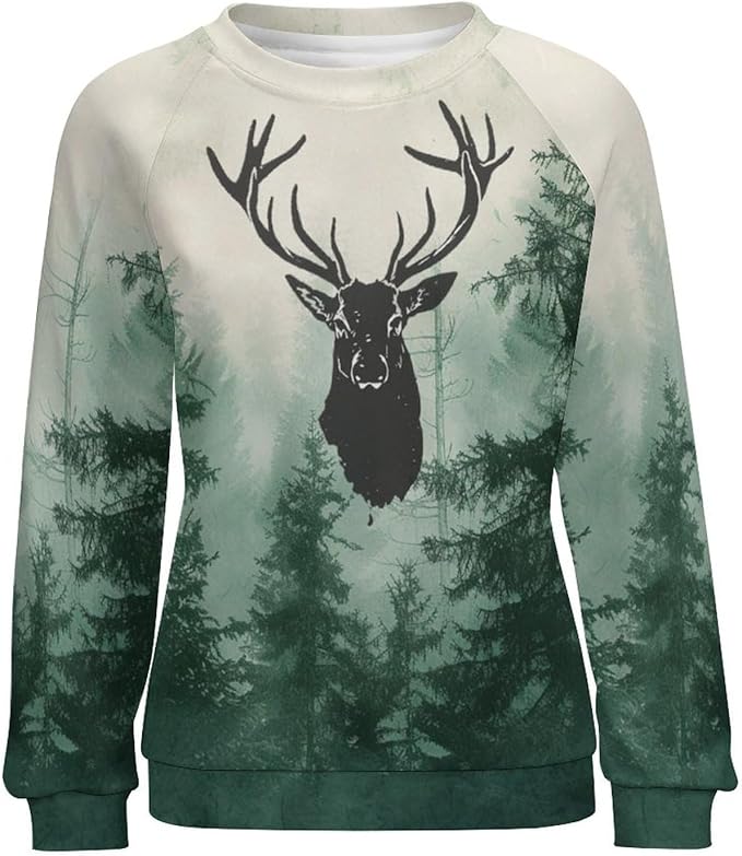 ZOCAVIA Womens Moose Forest Sweatshirts Fall Fashion Long Sleeve Crewneck Pullover Tops Vintage Deer Graphic Shirts Oversized