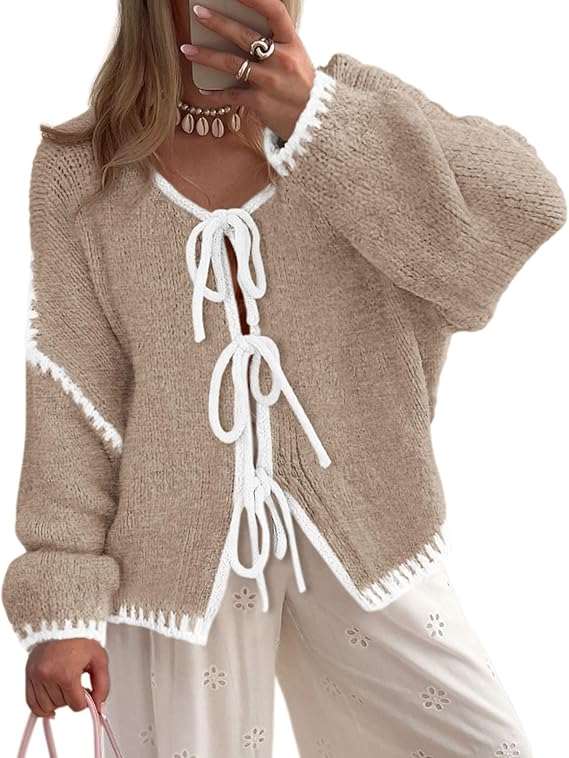 PRETTYGARDEN Women's Tie Front Bow Cardigan Sweaters Chunky Knit Long Puff Sleeve Trendy Fall Winter Jacket Coats