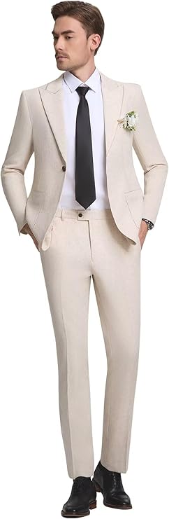 Mens Linen Suit 2 Piece Casual Suits for Men Summer Beach Groom Wedding Suit Linen Blazer Pants Set