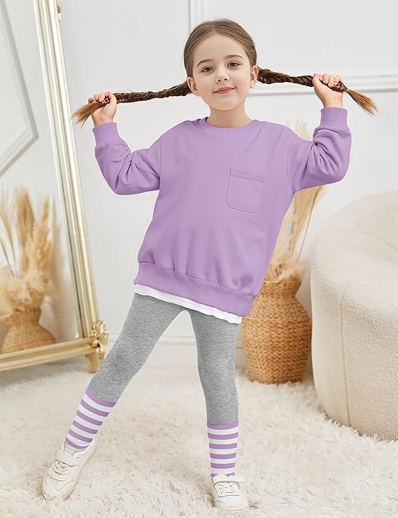 NAPU Little Girls Clothes 2Pcs Girls Outfits Pullover Sweatsuit Patchwork Striped Leggings Pants Set Fall Winter Clothes 2-8Y