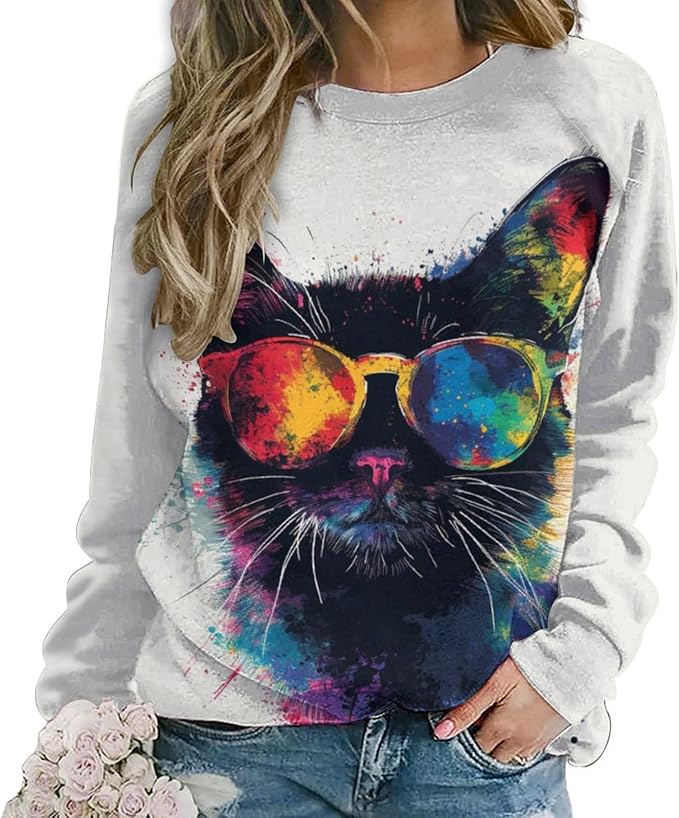 ZOCAVIA Women's Y2K Art Cat Sweatshirts Fall Abstract Graphic Pullover Tops Long Sleeve Oil Painting Cat Printed T Shirts
