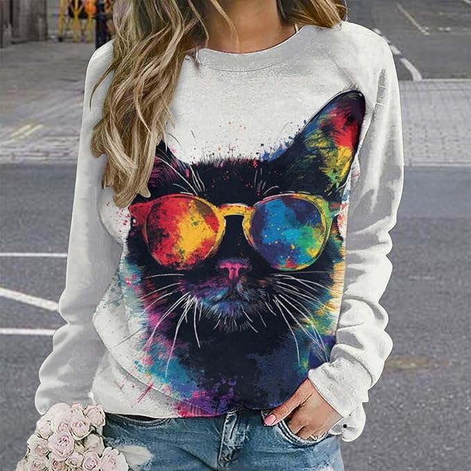 ZOCAVIA Women's Y2K Art Cat Sweatshirts Fall Abstract Graphic Pullover Tops Long Sleeve Oil Painting Cat Printed T Shirts