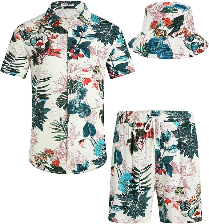 EISHOPEER Men's Flower Hawaiian Sets Casual Short Sleeve Shirt and Shorts Suits Outfits with Bucket Hats