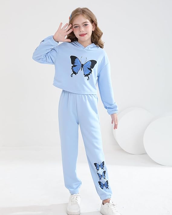 Girls' Clothing Set Butterfly Print Crop Top Hoodies Sweatpants 2 Piece Outfits Kids Sweatsuit Tracksuit Jogger Set