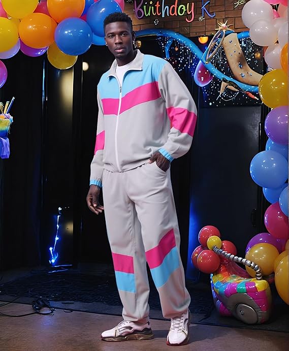 UOUA 80s Outfit Men 90s Tracksuit Costumes Halloween 70s Windbreaker Jacket Track Suit 2 Piece Hip Hop Set