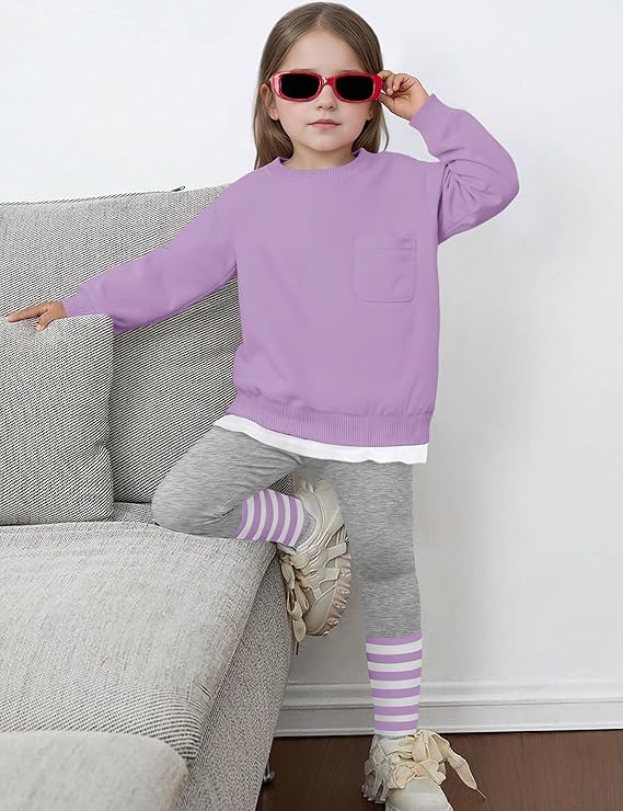 NAPU Little Girls Clothes 2Pcs Girls Outfits Pullover Sweatsuit Patchwork Striped Leggings Pants Set Fall Winter Clothes 2-8Y