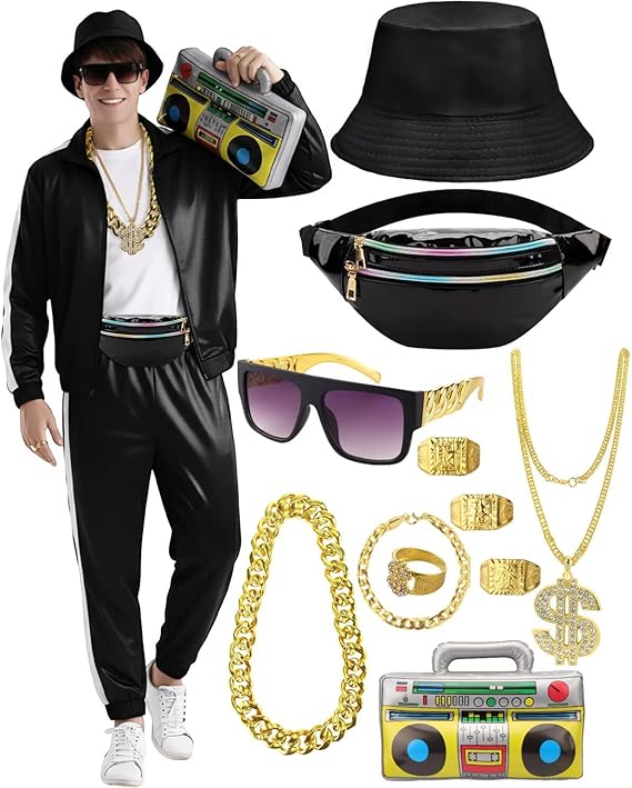 80s 90s Outfit for Men Tracksuit Costume, Hip Hop Hat Fanny Pack Ring Bracelet Gold Chain Rapper Sportswear