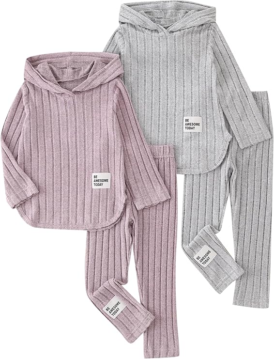 Girls Fall Clothes Set Ribbed Knit Hooded Pullover Sweatshirt and Active Sweatpants Size 3-12 Years
