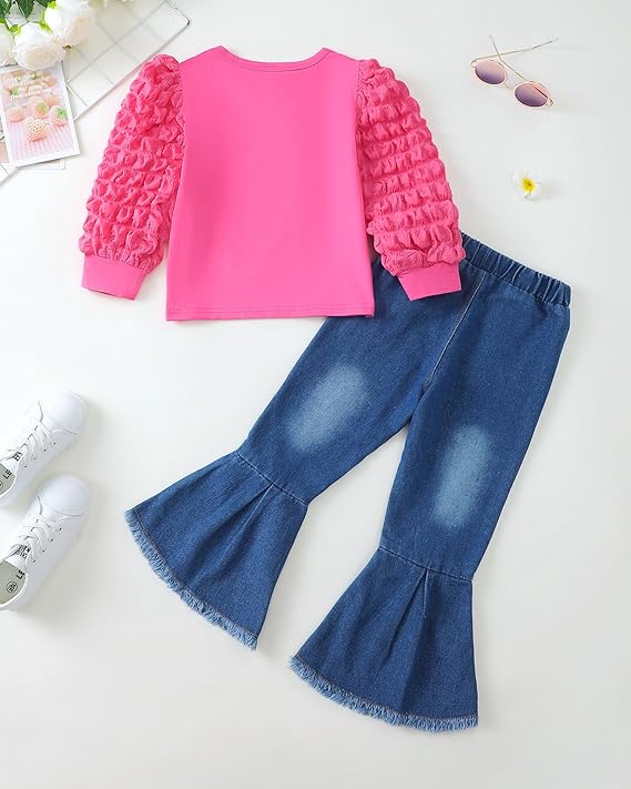 Kucnuzki Toddler Girl Clothes Cute Kids Clothes Long Sleeve Shirts Top Bell Bottom Denim Jeans Pants 2 Piece Matching Outfits
