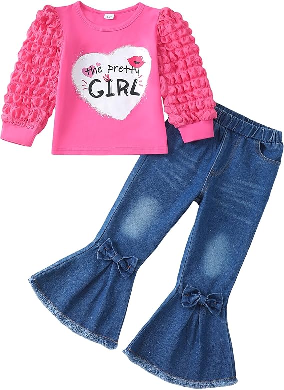 Kucnuzki Toddler Girl Clothes Cute Kids Clothes Long Sleeve Shirts Top Bell Bottom Denim Jeans Pants 2 Piece Matching Outfits