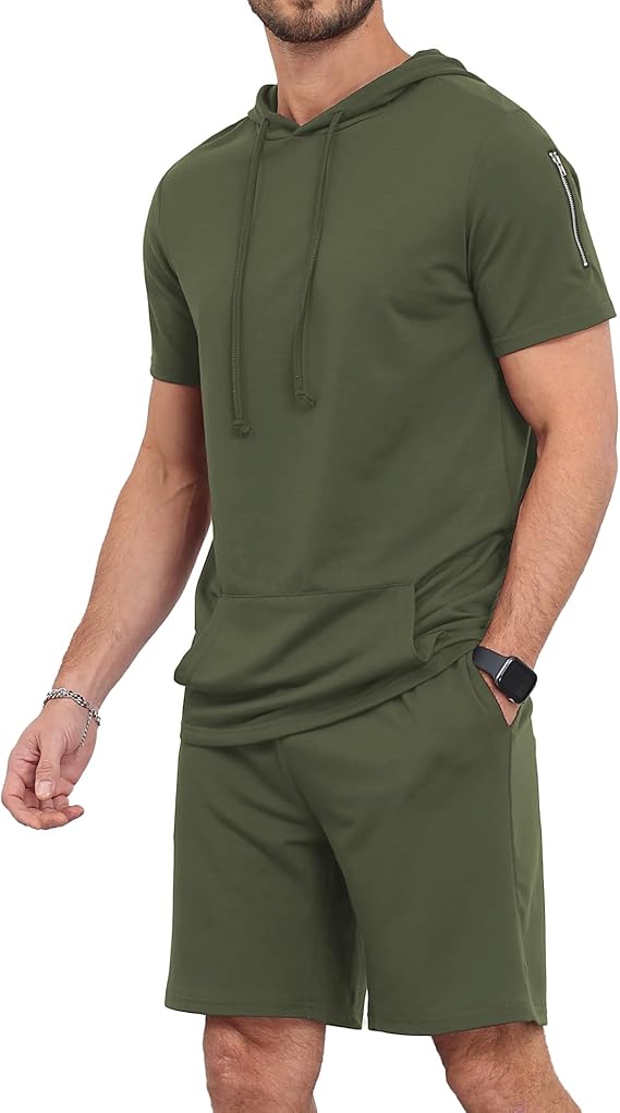 Aiyino Men's Tracksuit 2 Piece Hooded Athletic Sweatsuit Short Sleeve Casual Sports Hoodie Shorts Set