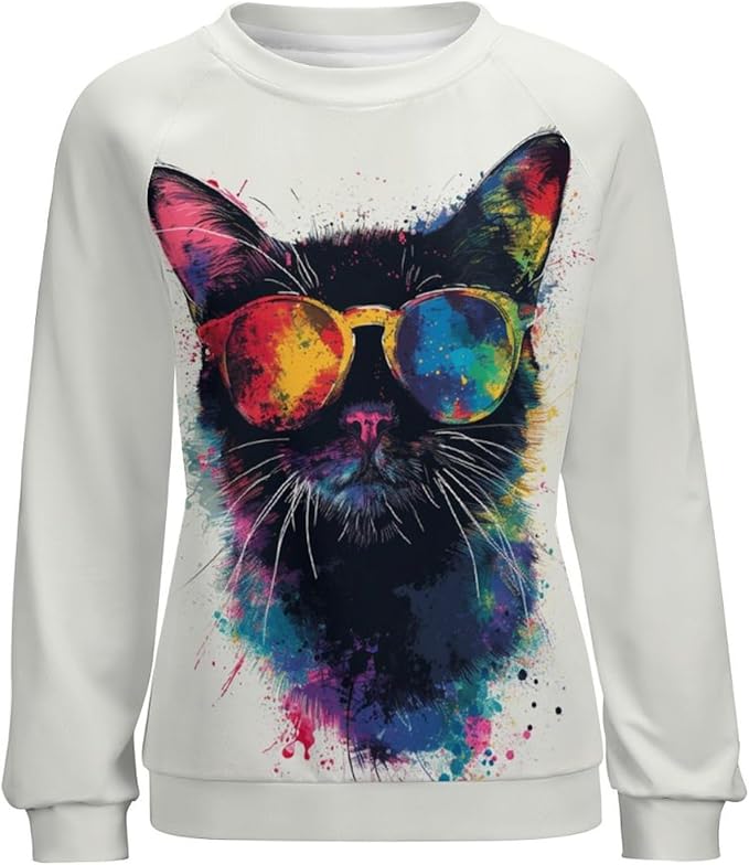 ZOCAVIA Women's Y2K Art Cat Sweatshirts Fall Abstract Graphic Pullover Tops Long Sleeve Oil Painting Cat Printed T Shirts