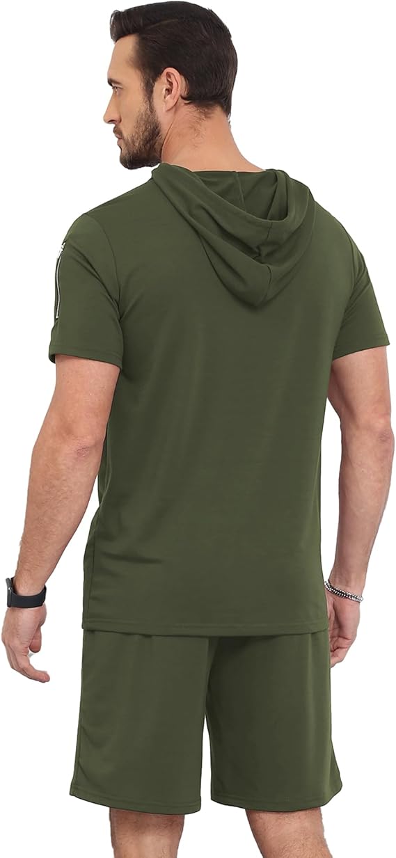 Aiyino Men's Tracksuit 2 Piece Hooded Athletic Sweatsuit Short Sleeve Casual Sports Hoodie Shorts Set