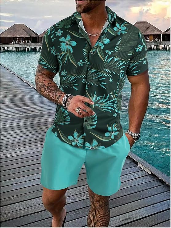 Men's 2 Piece Short Sets Outfits Button Down Floral Shirts and Drawstring Waist Shorts Tracksuits