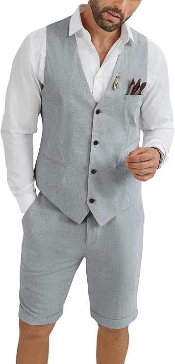 Mens Linen Suit 2 Piece Short Suits for Men Casual Summer Beach Groom Wedding Suit Linen Vest Shorts Set