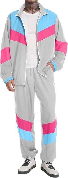 UOUA 80s Outfit Men 90s Tracksuit Costumes Halloween 70s Windbreaker Jacket Track Suit 2 Piece Hip Hop Set
