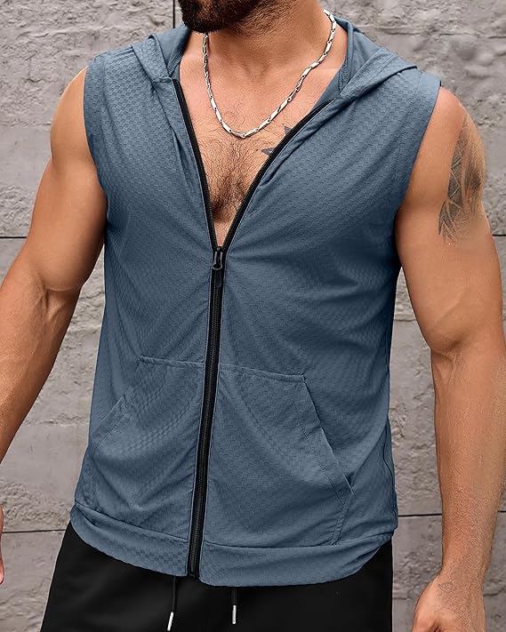 Aiyino Men's Workout Hooded Tank Tops Zip Up Sleeveless Gym Shirts Muscle Cut Off T Shirt Bodybuilding Hoodies