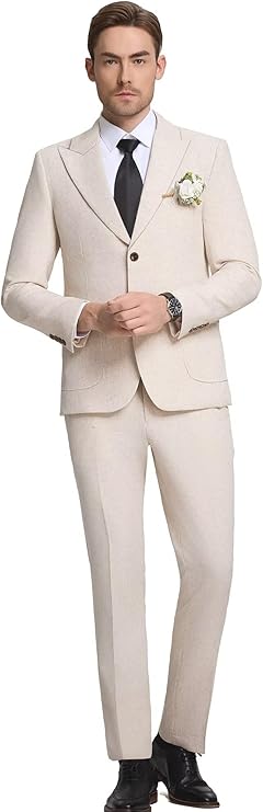 Mens Linen Suit 2 Piece Casual Suits for Men Summer Beach Groom Wedding Suit Linen Blazer Pants Set