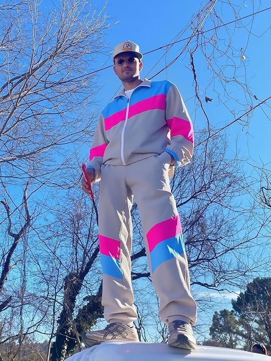 UOUA 80s Outfit Men 90s Tracksuit Costumes Halloween 70s Windbreaker Jacket Track Suit 2 Piece Hip Hop Set