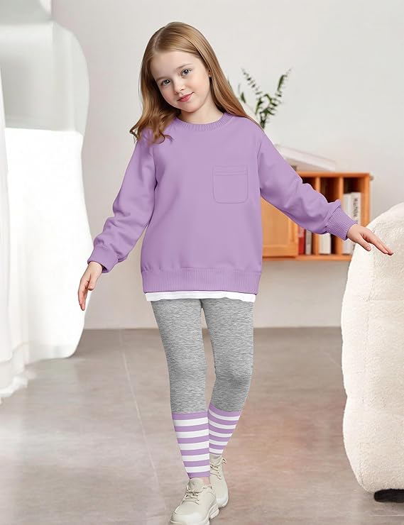 NAPU Little Girls Clothes 2Pcs Girls Outfits Pullover Sweatsuit Patchwork Striped Leggings Pants Set Fall Winter Clothes 2-8Y