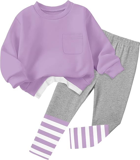 NAPU Little Girls Clothes 2Pcs Girls Outfits Pullover Sweatsuit Patchwork Striped Leggings Pants Set Fall Winter Clothes 2-8Y