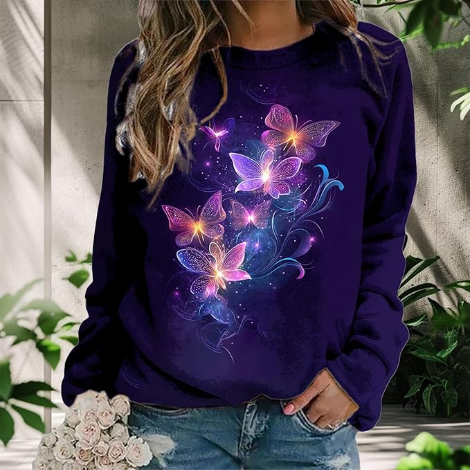MARSVOVO Butterfly Blouses for Women Dressy Casual Fall Long Sleeve Tunic Tops Loose Fit Graphic Pullover Sweatshirts