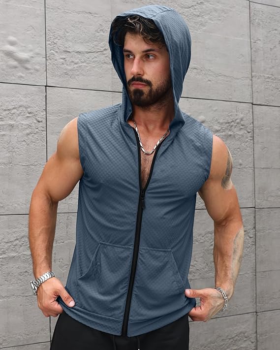 Aiyino Men's Workout Hooded Tank Tops Zip Up Sleeveless Gym Shirts Muscle Cut Off T Shirt Bodybuilding Hoodies