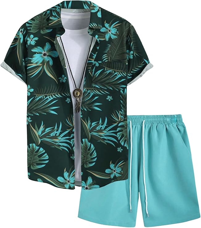 Men's 2 Piece Short Sets Outfits Button Down Floral Shirts and Drawstring Waist Shorts Tracksuits