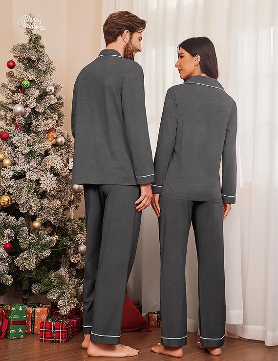 Ekouaer Couple Matching Pajamas 100% Cotton Long Sleeve Sleepwear Button Down Loungewear Pjs Set S-XXL