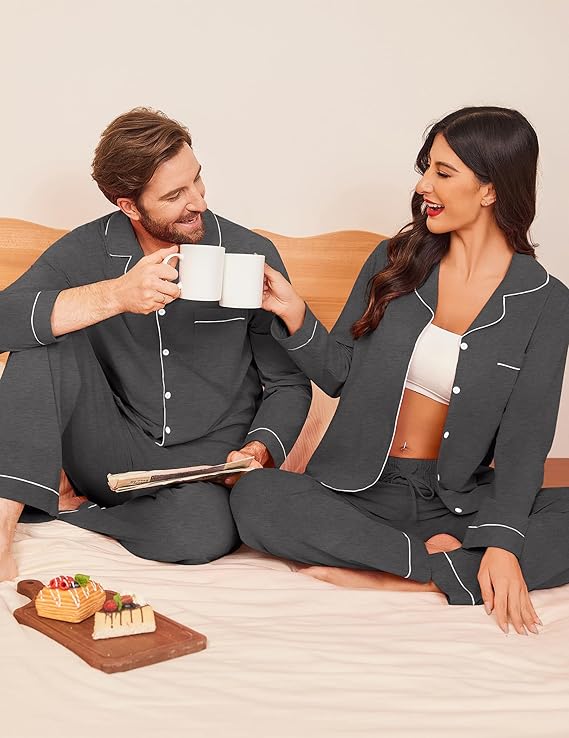 Ekouaer Couple Matching Pajamas 100% Cotton Long Sleeve Sleepwear Button Down Loungewear Pjs Set S-XXL