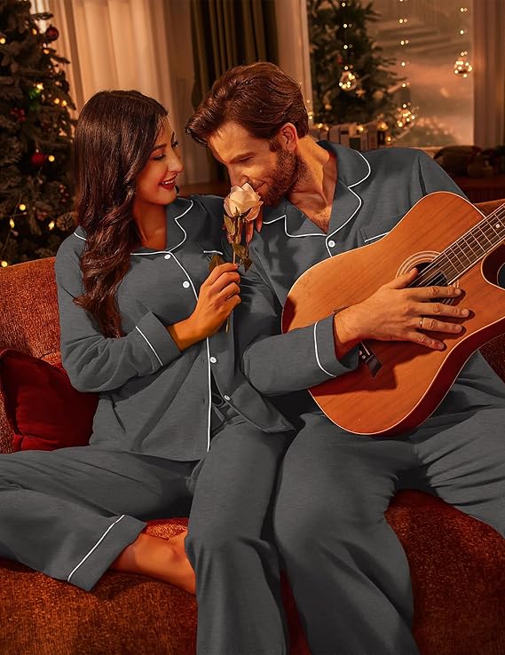 Ekouaer Couple Matching Pajamas 100% Cotton Long Sleeve Sleepwear Button Down Loungewear Pjs Set S-XXL