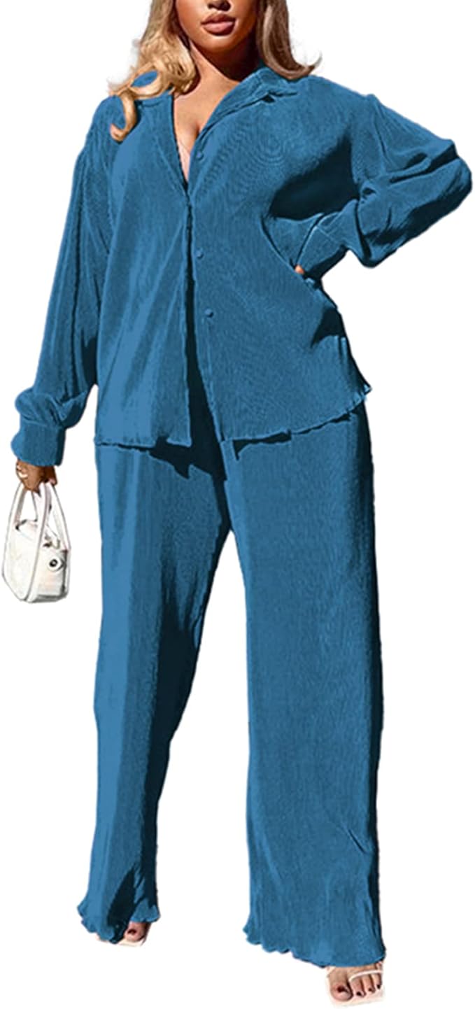 kaimimei Casual 2 Piece Outfit for Women - Linen Long Sleeve Button Down Shirt + Flare Pleated Wide Leg Pants Sets Streetwear