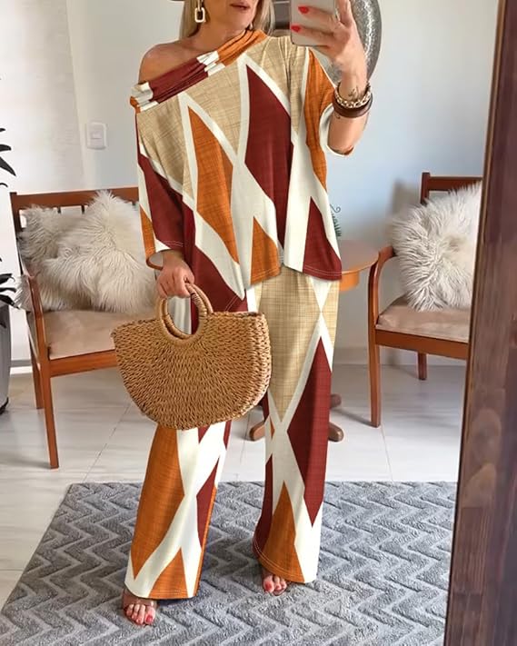 CHICME Womens 2 Piece Outfits Off The Shoulder Printed Batwing Long Sleeve Tops and Wide Leg Pants Matching Sets