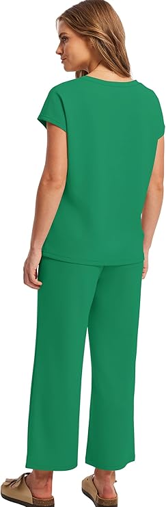 Saloogoe Two Piece Sets for Women Summer Outfits Lounge Sets V Neck Tops Wide Leg Pants Woman Vacation Travel Outfits