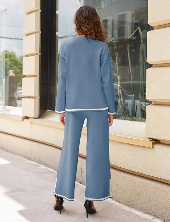 Tanming Women's 2 Piece Outfits Long Sleeve Knit Sweater Top Wide Leg Pants Lounge Sets Tracksuits