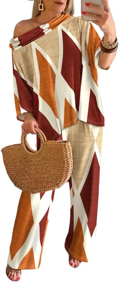 CHICME Womens 2 Piece Outfits Off The Shoulder Printed Batwing Long Sleeve Tops and Wide Leg Pants Matching Sets