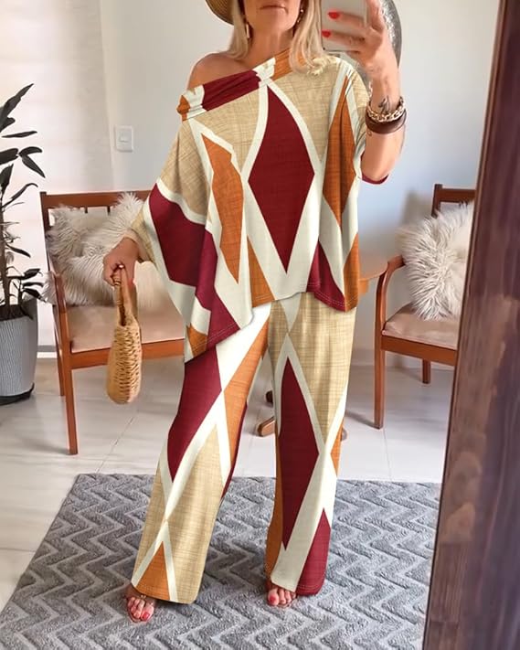 CHICME Womens 2 Piece Outfits Off The Shoulder Printed Batwing Long Sleeve Tops and Wide Leg Pants Matching Sets