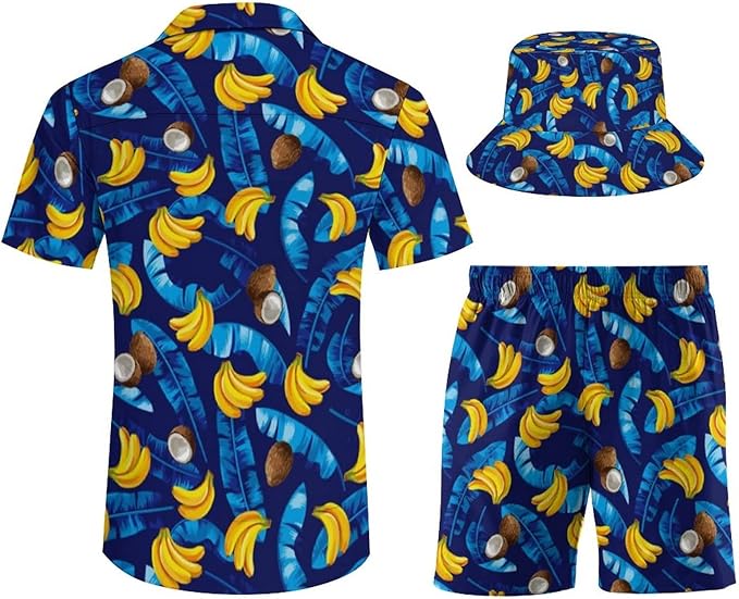 Men's Shirt Hawaiian Outfit Set Beach Shirt and Shorts with Bucket Hats 3 Piece Beach Tropical Hawaii Suits