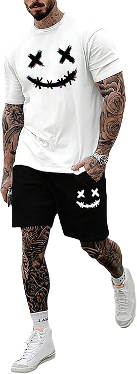 WDIRARA Men's 2 Piece Short Sets Graphic Print Short Sleeve T Shirts and Drawstring Shorts Clothing Set